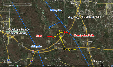 Aerial map of Brandywine Falls region. Graphics show the path of the hiking trail (yellow), the location of Brandywine Falls (red), as well as general constraints for the western and eastern edges of the Cuyahoga Valley (blue).