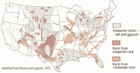 Map showing karst-prone areas in contiguous United States (USGS)